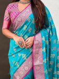 Sky Blue Soft Silk Zari Woven Ikkat Patola Saree with Contrast Weaves