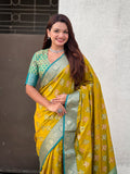 Mehendi Green Soft Silk Zari Woven Ikkat Patola Saree with Contrast Weaves