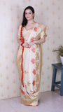 Cream Red Soft Silk Saree with Kamdhenu Weaves Zari Woven Saree