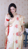 Cream Red Soft Silk Saree with Kamdhenu Weaves Zari Woven Saree
