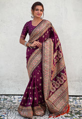 Wine Pashmina Kashmiri Silk Zari Woven Saree