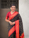 Black Soft Silk Checks Traditional Zari Contrast Woven Saree