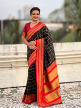 Black Soft Silk Checks Traditional Zari Contrast Woven Saree