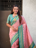 Baby Pink Soft Silk Checks Traditional Zari Contrast Woven Saree