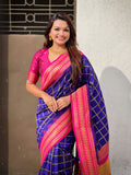 Violet Soft Silk Checks Traditional Zari Contrast Woven Saree