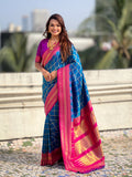 Blue Soft Silk Checks Traditional Zari Contrast Woven Saree
