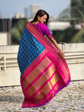 Blue Soft Silk Checks Traditional Zari Contrast Woven Saree