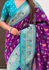 Purple Soft Silk Zari Woven Patola Leheriya Saree with Contrast Weaves