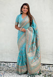 Sky Blue Pashmina Kashmiri Silk Zari Woven Saree