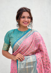 Baby Pink Kanjivaram Tissue Silk Traditional Zari Woven Saree