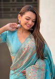 Sky Blue Pashmina Kashmiri Silk Zari Woven Saree