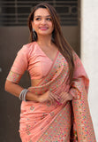 Peach Pashmina Kashmiri Silk Zari Woven Saree