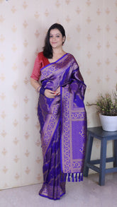Violet Soft Silk Bandhani Leheriya Zari Woven Saree