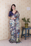 Blue Tussar Silk Bold Kalamkari Figure Printed Saree with Zari Woven Border