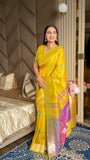 Yellow Soft Silk Ikkat Patola Saree with Meenakari Motifs Peacock Pallu and Gold Zari Border
