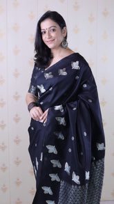 Black Soft Silk Dual Zari Woven Saree with Bird Border