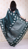 Bottle Green Soft Silk Dual Zari Woven Saree with Bird Border