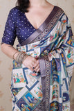 Blue Tussar Silk Bold Kalamkari Figure Printed Saree with Zari Woven Border