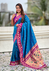 Rama Blue Zari Woven Rajhans Swan Paithani Silk Saree