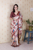 Maroon Tussar Silk Bold Kalamkari Figure Printed Saree with Zari Woven Border