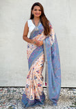 Sky Tussar Silk Kalamkari Printed Saree with Zari Woven Border