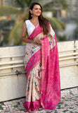 Pink Tussar Silk Kalamkari Printed Saree with Zari Woven Border