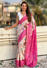 Pink Tussar Silk Kalamkari Printed Saree with Zari Woven Border