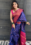 Navy Blue Soft Silk Peacock Weaves Zari Woven Saree