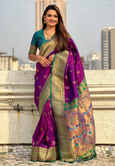 Wine Zari Woven Nath Contrast Yeola Paithani Silk Saree