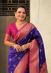 Violet Zari Woven Nath Contrast Yeola Paithani Silk Saree