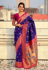 Violet Zari Woven Nath Contrast Yeola Paithani Silk Saree