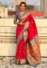 PInk Zari Woven Nath Contrast Yeola Paithani Silk Saree