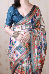 Navy Blue Tussar Silk Bold Kalamkari Figure Printed Saree with Zari Woven Border