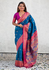 Blue Zari Woven Nath Contrast Yeola Paithani Silk Saree