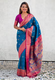 Blue Zari Woven Nath Contrast Yeola Paithani Silk Saree