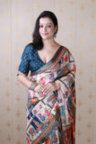 Navy Blue Tussar Silk Bold Kalamkari Figure Printed Saree with Zari Woven Border