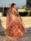 Baby Pink Organza Swan Paithani Silk Zari Woven Saree