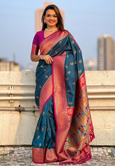 Denim Zari Woven Nath Contrast Yeola Paithani Silk Saree