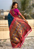 Denim Zari Woven Nath Contrast Yeola Paithani Silk Saree