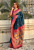 Denim Zari Woven Nath Contrast Yeola Paithani Silk Saree