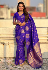 Violet Soft Silk Dual Zari Woven Saree with Peacock Border