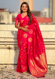 Pink Soft Silk Dual Zari Woven Saree with Peacock Border