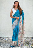 Denim Blue Katki Silk Printed Kalamkari Saree with Zari Border