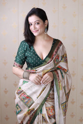 Green Tussar Silk Bold Kalamkari Figure Printed Saree with Zari Woven Border