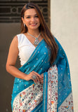 Denim Blue Katki Silk Printed Kalamkari Saree with Zari Border