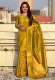 Mehendi Green Soft Silk Dual Zari Woven Saree with Peacock Border