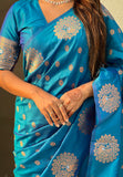 Blue Soft Silk Dual Zari Woven Saree with Peacock Border