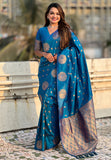 Blue Soft Silk Dual Zari Woven Saree with Peacock Border