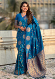 Blue Soft Silk Dual Zari Woven Saree with Peacock Border