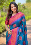 Blue Soft Silk Contrast Zari Woven Saree